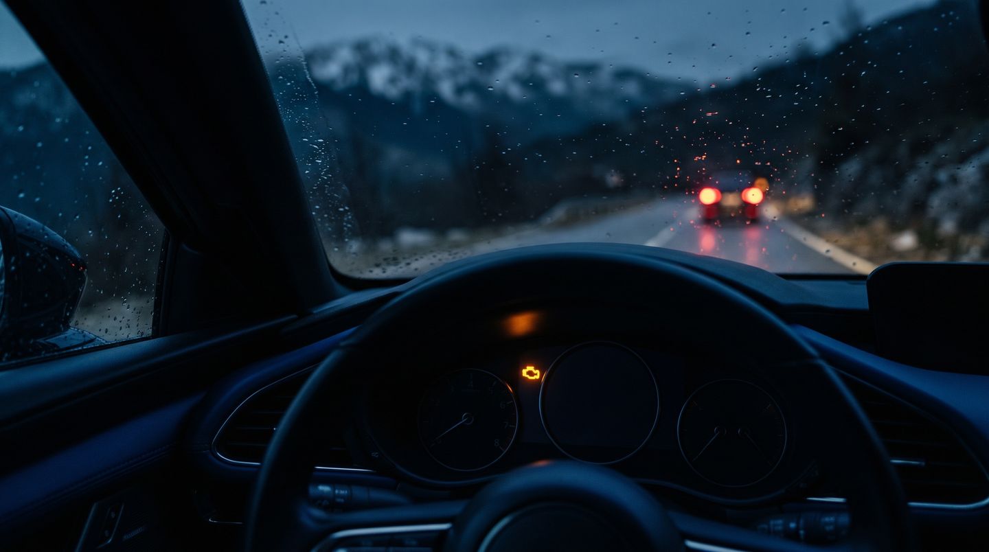 Instrument tabla noću, upaljena žuta lampica za kvar motora; kroz kišni vjetrobran planinski put.